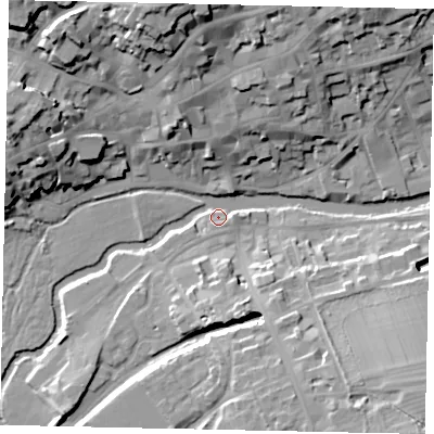 Shaded relief map of the ground around PE92LD, computed from Environment Agency LiDAR. The ground here sits at about 22 m above sea level and falls 26 m across the surrounding 800 m. Surface water reaching this point runs off ground lying to the north-north-west, 25.5 m higher.