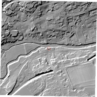 Shaded relief map of the ground around PE92LE, computed from Environment Agency LiDAR. The ground here sits at about 23 m above sea level and falls 26 m across the surrounding 800 m. Surface water reaching this point runs off ground lying to the south-south-east, 11.7 m higher.