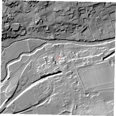 Shaded relief map of the ground around PE92LF, computed from Environment Agency LiDAR. The ground here sits at about 24 m above sea level and falls 25 m across the surrounding 800 m. Surface water reaching this point runs off ground lying to the south-south-east, 8.6 m higher.