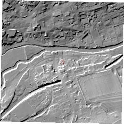 Shaded relief map of the ground around PE92NF, computed from Environment Agency LiDAR. The ground here sits at about 24 m above sea level and falls 23 m across the surrounding 800 m. Surface water reaching this point runs off ground lying to the south-south-east, 6.5 m higher.
