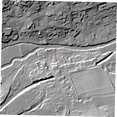 Shaded relief map of the ground around PE92NP, computed from Environment Agency LiDAR. The ground here sits at about 23 m above sea level and falls 23 m across the surrounding 800 m. Surface water reaching this point runs off ground lying to the south, 9.0 m higher.