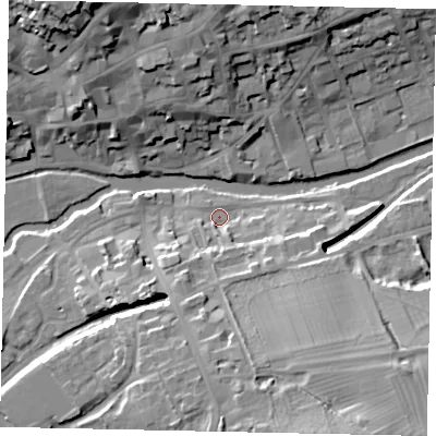Shaded relief map of the ground around PE92NW, computed from Environment Agency LiDAR. The ground here sits at about 22 m above sea level and falls 24 m across the surrounding 800 m. Surface water reaching this point runs off ground lying to the south-south-east, 17.3 m higher.