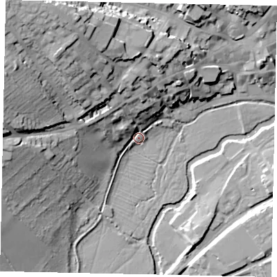Shaded relief map of the ground around PE92QN, computed from Environment Agency LiDAR. The ground here sits at about 23 m above sea level and falls 31 m across the surrounding 800 m. Surface water reaching this point runs off ground lying to the north-west, 26.9 m higher.