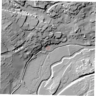 Shaded relief map of the ground around PE92QT, computed from Environment Agency LiDAR. The ground here sits at about 22 m above sea level and falls 29 m across the surrounding 800 m. Surface water reaching this point runs off ground lying to the north-north-west, 17.3 m higher.