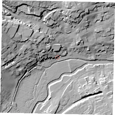 Shaded relief map of the ground around PE92QU, computed from Environment Agency LiDAR. The ground here sits at about 23 m above sea level and falls 28 m across the surrounding 800 m. Surface water reaching this point runs off ground lying to the north-west, 9.1 m higher.