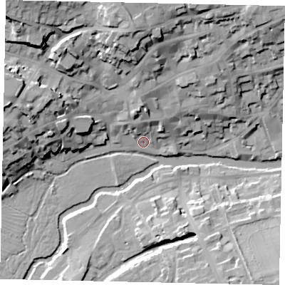 Shaded relief map of the ground around PE92QX, computed from Environment Agency LiDAR. The ground here sits at about 22 m above sea level and falls 27 m across the surrounding 800 m. Surface water reaching this point runs off ground lying to the north, 10.9 m higher.