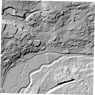 Shaded relief map of the ground around PE92QY, computed from Environment Agency LiDAR. The ground here sits at about 22 m above sea level and falls 28 m across the surrounding 800 m. Surface water reaching this point runs off ground lying to the north-west, 26.8 m higher.