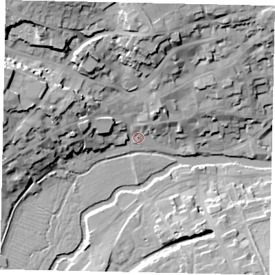 Shaded relief map of the ground around PE92RE, computed from Environment Agency LiDAR. The ground here sits at about 23 m above sea level and falls 28 m across the surrounding 800 m. Surface water reaching this point runs off ground lying to the north-west, 26.5 m higher.