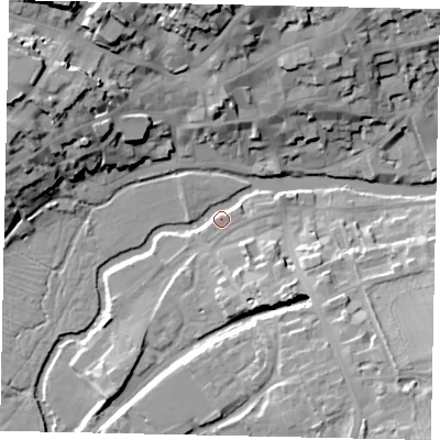 Shaded relief map of the ground around PE92WB, computed from Environment Agency LiDAR. The ground here sits at about 23 m above sea level and falls 23 m across the surrounding 800 m. Surface water reaching this point runs off ground lying to the south-south-east, 10.1 m higher.