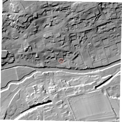 Shaded relief map of the ground around PE92WD, computed from Environment Agency LiDAR. The ground here sits at about 22 m above sea level and falls 26 m across the surrounding 800 m. Surface water reaching this point runs off ground lying to the north, 19.7 m higher.