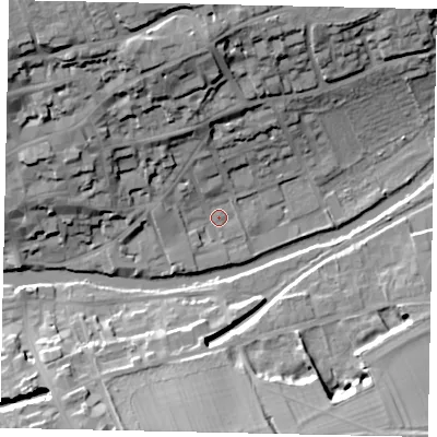 Shaded relief map of the ground around PE92WX, computed from Environment Agency LiDAR. The ground here sits at about 22 m above sea level and falls 25 m across the surrounding 800 m. Surface water reaching this point runs off ground lying to the north-north-west, 6.7 m higher.