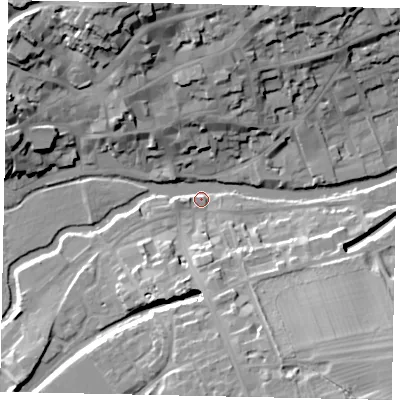 Shaded relief map of the ground around PE92WZ, computed from Environment Agency LiDAR. The ground here sits at about 22 m above sea level and falls 26 m across the surrounding 800 m. Surface water reaching this point runs off ground lying to the south, 11.7 m higher.