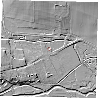 Shaded relief map of the ground around PE93AA, computed from Environment Agency LiDAR. The ground here sits at about 20 m above sea level and falls 17 m across the surrounding 800 m. Surface water reaching this point runs off ground lying to the south-west, 4.4 m higher.