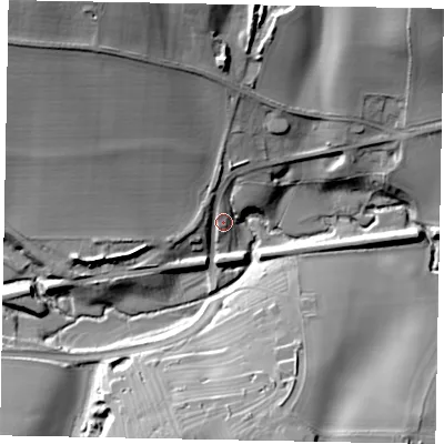 Shaded relief map of the ground around PE93BF, computed from Environment Agency LiDAR. The ground here sits at about 44 m above sea level and falls 33 m across the surrounding 800 m. Surface water reaching this point runs off ground lying to the north, 9.8 m higher.