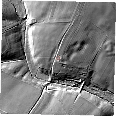 Shaded relief map of the ground around PE93HX, computed from Environment Agency LiDAR. The ground here sits at about 42 m above sea level and falls 28 m across the surrounding 800 m. Surface water reaching this point runs off ground lying to the north-north-east, 13.2 m higher.