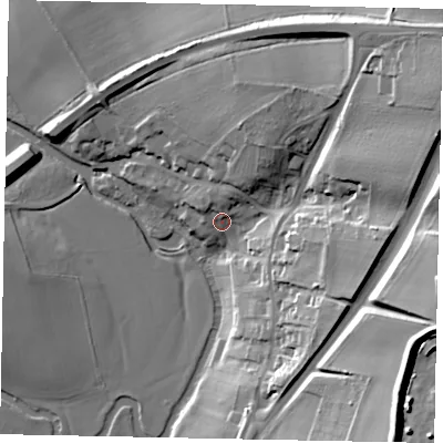 Shaded relief map of the ground around PE93QF, computed from Environment Agency LiDAR. The ground here sits at about 37 m above sea level and falls 43 m across the surrounding 800 m. Surface water reaching this point runs off ground lying to the north-east, 12.5 m higher.