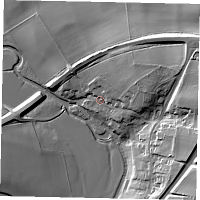 Shaded relief map of the ground around PE93QG, computed from Environment Agency LiDAR. The ground here sits at about 36 m above sea level and falls 32 m across the surrounding 800 m. Surface water reaching this point runs off ground lying to the east-north-east, 18.5 m higher.