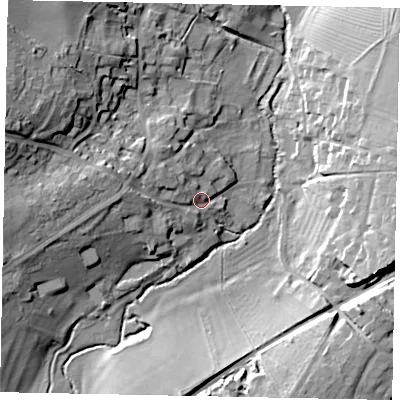 Shaded relief map of the ground around PE93RD, computed from Environment Agency LiDAR. The ground here sits at about 36 m above sea level and falls 26 m across the surrounding 800 m. Surface water reaching this point runs off ground lying to the west, 8.8 m higher.