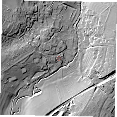 Shaded relief map of the ground around PE93RE, computed from Environment Agency LiDAR. The ground here sits at about 35 m above sea level and falls 25 m across the surrounding 800 m. Surface water reaching this point runs off ground lying to the west, 3.1 m higher.