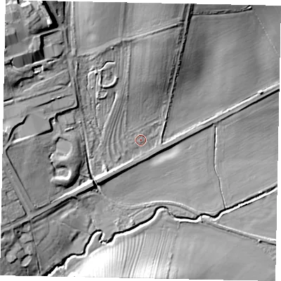 Shaded relief map of the ground around PE93ST, computed from Environment Agency LiDAR. The ground here sits at about 31 m above sea level and falls 25 m across the surrounding 800 m. Surface water reaching this point runs off ground lying to the north, 8.1 m higher.