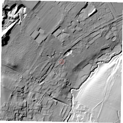 Shaded relief map of the ground around PE93TA, computed from Environment Agency LiDAR. The ground here sits at about 39 m above sea level and falls 40 m across the surrounding 800 m. Surface water reaching this point runs off ground lying to the north-west, 23.0 m higher.