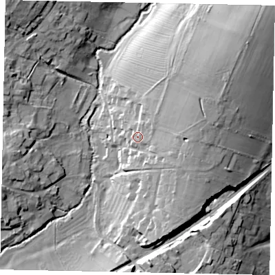 Shaded relief map of the ground around PE93TD, computed from Environment Agency LiDAR. The ground here sits at about 40 m above sea level and falls 21 m across the surrounding 800 m. Surface water reaching this point runs off ground lying to the east-north-east, 10.3 m higher.