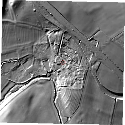 Shaded relief map of the ground around PE94AE, computed from Environment Agency LiDAR. The ground here sits at about 49 m above sea level and falls 32 m across the surrounding 800 m. Surface water reaching this point runs off ground lying to the north-east, 10.2 m higher.