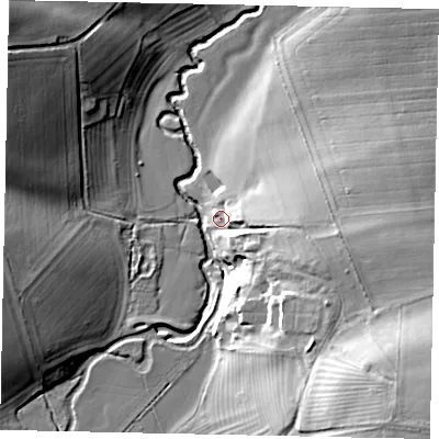 Shaded relief map of the ground around PE94BH, computed from Environment Agency LiDAR. The ground here sits at about 35 m above sea level and falls 29 m across the surrounding 800 m. Surface water reaching this point runs off ground lying to the east-south-east, 14.9 m higher.