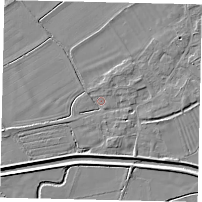 Shaded relief map of the ground around PE94DN, computed from Environment Agency LiDAR. The ground here sits at about 15 m above sea level and falls 5 m across the surrounding 800 m. Surface water reaching this point runs off ground lying to the north-north-east, 1.8 m higher.
