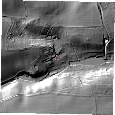 Shaded relief map of the ground around PE94DT, computed from Environment Agency LiDAR. The ground here sits at about 50 m above sea level and falls 34 m across the surrounding 800 m. Surface water reaching this point runs off ground lying to the west-north-west, 14.3 m higher.
