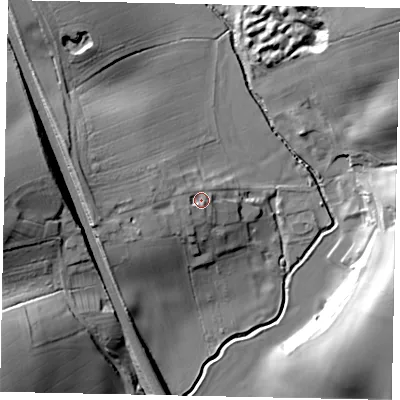 Shaded relief map of the ground around PE94EA, computed from Environment Agency LiDAR. The ground here sits at about 42 m above sea level and falls 31 m across the surrounding 800 m. Surface water reaching this point runs off ground lying to the west, 5.4 m higher.