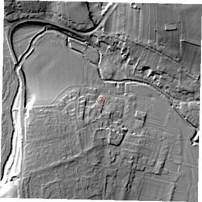 Shaded relief map of the ground around PE94EY, computed from Environment Agency LiDAR. The ground here sits at about 29 m above sea level and falls 22 m across the surrounding 800 m. Surface water reaching this point runs off ground lying to the south-west, 7.8 m higher.