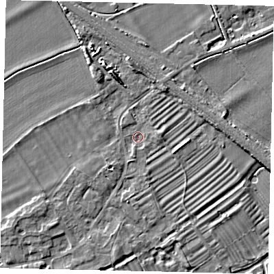 Shaded relief map of the ground around PE94FB, computed from Environment Agency LiDAR. The ground here sits at about 14 m above sea level and falls 6 m across the surrounding 800 m. Surface water reaching this point runs off ground lying to the south, 1.3 m higher.