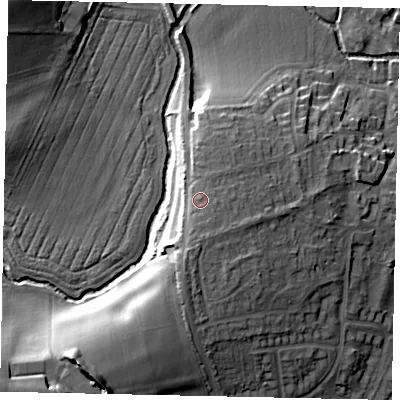 Shaded relief map of the ground around PE94HB, computed from Environment Agency LiDAR. The ground here sits at about 38 m above sea level and falls 20 m across the surrounding 800 m. Surface water reaching this point runs off ground lying to the south-south-east, 2.1 m higher.