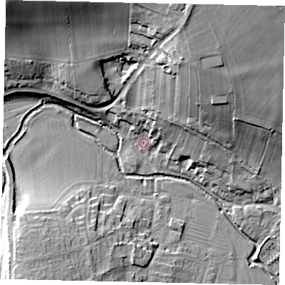 Shaded relief map of the ground around PE94HF, computed from Environment Agency LiDAR. The ground here sits at about 28 m above sea level and falls 26 m across the surrounding 800 m. Surface water reaching this point runs off ground lying to the north-north-east, 21.0 m higher.