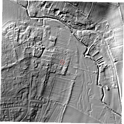 Shaded relief map of the ground around PE94HS, computed from Environment Agency LiDAR. The ground here sits at about 28 m above sea level and falls 14 m across the surrounding 800 m. Surface water reaching this point runs off ground lying to the west, 8.6 m higher.