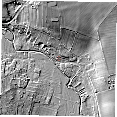 Shaded relief map of the ground around PE94JA, computed from Environment Agency LiDAR. The ground here sits at about 29 m above sea level and falls 23 m across the surrounding 800 m. Surface water reaching this point runs off ground lying to the north, 21.0 m higher.