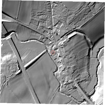 Shaded relief map of the ground around PE94JY, computed from Environment Agency LiDAR. The ground here sits at about 40 m above sea level and falls 22 m across the surrounding 800 m. Surface water reaching this point runs off ground lying to the north-east, 10.8 m higher.