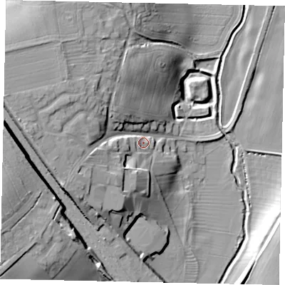 Shaded relief map of the ground around PE94LH, computed from Environment Agency LiDAR. The ground here sits at about 28 m above sea level and falls 23 m across the surrounding 800 m. Surface water reaching this point runs off ground lying to the west-north-west, 14.4 m higher.