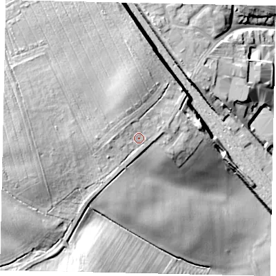 Shaded relief map of the ground around PE94LQ, computed from Environment Agency LiDAR. The ground here sits at about 38 m above sea level and falls 26 m across the surrounding 800 m. Surface water reaching this point runs off ground lying to the west, 6.4 m higher.