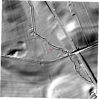 Shaded relief map of the ground around PE94NE, computed from Environment Agency LiDAR. The ground here sits at about 26 m above sea level and falls 26 m across the surrounding 800 m. Surface water reaching this point runs off ground lying to the west-south-west, 6.5 m higher.