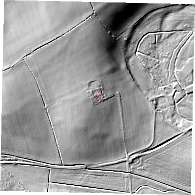 Shaded relief map of the ground around PE94NS, computed from Environment Agency LiDAR. The ground here sits at about 27 m above sea level and falls 20 m across the surrounding 800 m. Surface water reaching this point runs off ground lying to the north-west, 2.7 m higher.