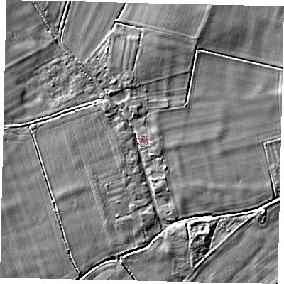 Shaded relief map of the ground around PE94PE, computed from Environment Agency LiDAR. The ground here sits at about 11 m above sea level and falls 3 m across the surrounding 800 m. Surface water reaching this point runs off ground lying to the north-north-west, 2.5 m higher.