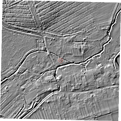 Shaded relief map of the ground around PE94PR, computed from Environment Agency LiDAR. The ground here sits at about 13 m above sea level and falls 5 m across the surrounding 800 m. Surface water reaching this point runs off ground lying to the north-west, 1.6 m higher.