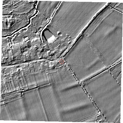 Shaded relief map of the ground around PE94PS, computed from Environment Agency LiDAR. The ground here sits at about 13 m above sea level and falls 4 m across the surrounding 800 m. Surface water reaching this point runs off ground lying to the south-west, 1.4 m higher.