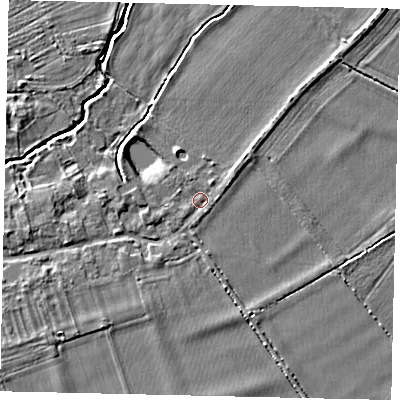 Shaded relief map of the ground around PE94PU, computed from Environment Agency LiDAR. The ground here sits at about 12 m above sea level and falls 4 m across the surrounding 800 m. Surface water reaching this point runs off ground lying to the west-north-west, 2.6 m higher.