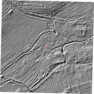 Shaded relief map of the ground around PE94PX, computed from Environment Agency LiDAR. The ground here sits at about 13 m above sea level and falls 5 m across the surrounding 800 m. Surface water reaching this point runs off ground lying to the south-west, 2.4 m higher.