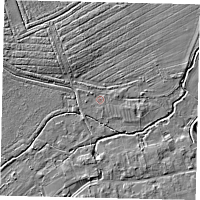 Shaded relief map of the ground around PE94PY, computed from Environment Agency LiDAR. The ground here sits at about 12 m above sea level and falls 5 m across the surrounding 800 m. Surface water reaching this point runs off ground lying to the north-west, 1.1 m higher.