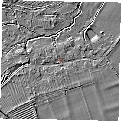 Shaded relief map of the ground around PE94QA, computed from Environment Agency LiDAR. The ground here sits at about 13 m above sea level and falls 5 m across the surrounding 800 m. Surface water reaching this point runs off ground lying to the south-west, 2.2 m higher.