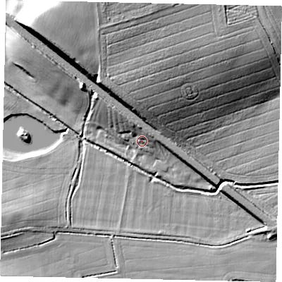 Shaded relief map of the ground around PE94QF, computed from Environment Agency LiDAR. The ground here sits at about 19 m above sea level and falls 18 m across the surrounding 800 m. Surface water reaching this point runs off ground lying to the north-west, 8.7 m higher.